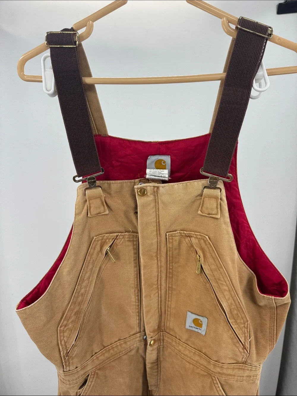 VTG CARHARTT QUILT LINED OVERALLS 36x34 ZIP side INSULATED BIB BROWN double knee